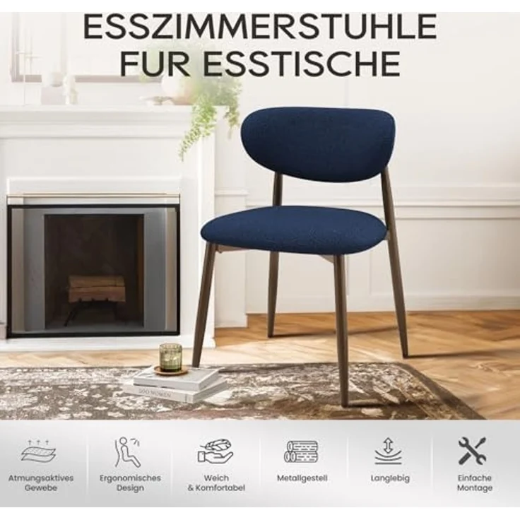 COLAMY Moderne Polsterstuhl Essstühle 2er Set, Küchenstuhl Esszimmerstühle mit Fester Rückenlehne, Stoff Esszimmerstühl mit Metallbeinen für Esszimmer, Küche, Restaurant, Blau – Bild 6