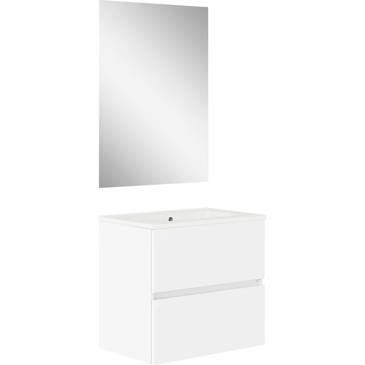 Baikal, Natura Badezimmerschrank mit reduziertem Boden, mit Keramikwaschbecken, Zwei Schubladen, montierter Schrank, Zwei Schubladen mit Spiegel, Boden 39 cm, 60 cm, Weiß