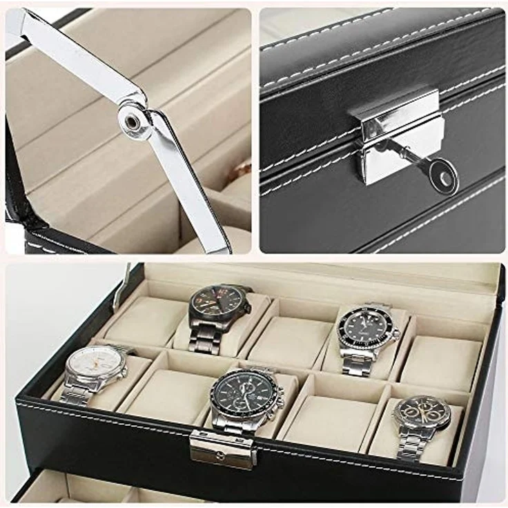 Todeco - Uhrbox, Uhr und Armband Aufbewahrung - Material der Box: MDF - Kissenmaterial: Samt - 20 Uhren mit Schublade und Display, Schwarz/Beige – Bild 6