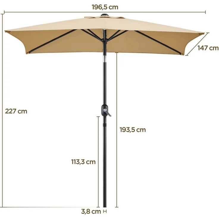 Yaheetech Sonnenschirm Rechteckiger Terrassenschirm mit Kurbel & 6 Metallstreben, LxB: 196,5x147 cm, Gartenschirm 196,5 cm L × 147 cm B × 227 cm H – Bild 3
