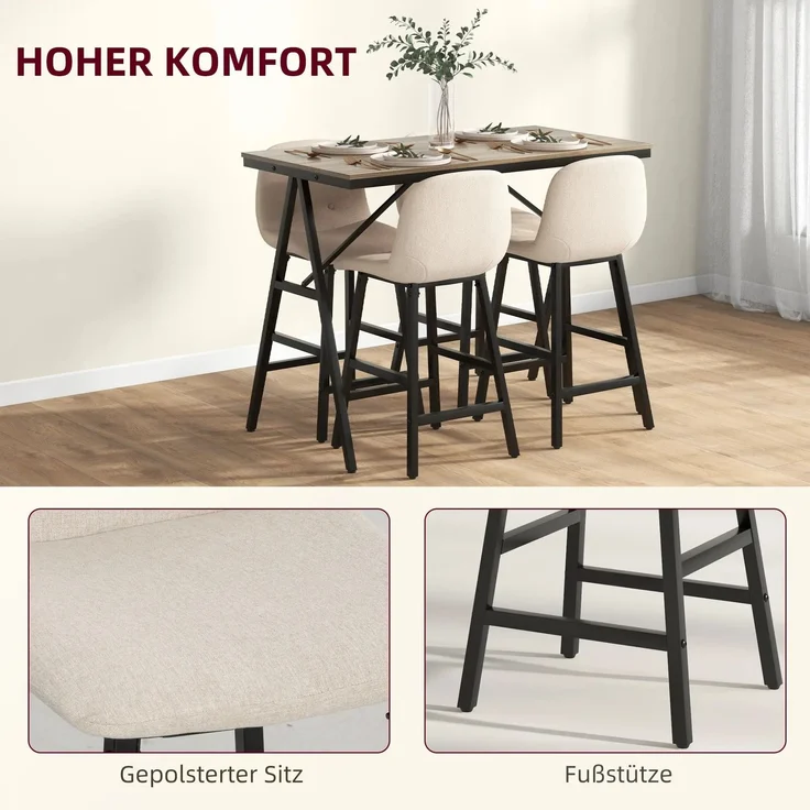HOMCOM Bartisch mit Barhocker Set, 5-teilige Essgruppe, Küchentisch, Bistrotisch mit 4 Stühlen, Bartisch Set für Küche, Wohnzimmer, Stahl, Beige, 120 x 60 x 91 cm--Beige--120x60x91cm--YOUDENOVA – Bild 5