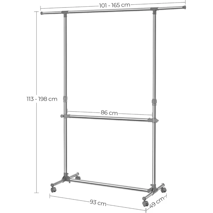 Songmics Kleiderständer höhenverstellbar, ausziehbare Kleiderstange und zusätzlicher Stange im mittleren Bereich, silber-graugrün, LLR401, (101-166) x 49 x (113-198) cm – Bild 5
