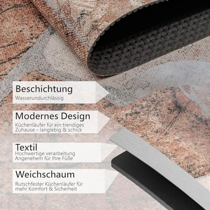 ANRO Küchenläufer RANNA Hochwertig Küchenteppich Teppich Textil, Eckig, Bodenläufer 100x65cm Granit Braun pflegeleicht – Bild 4