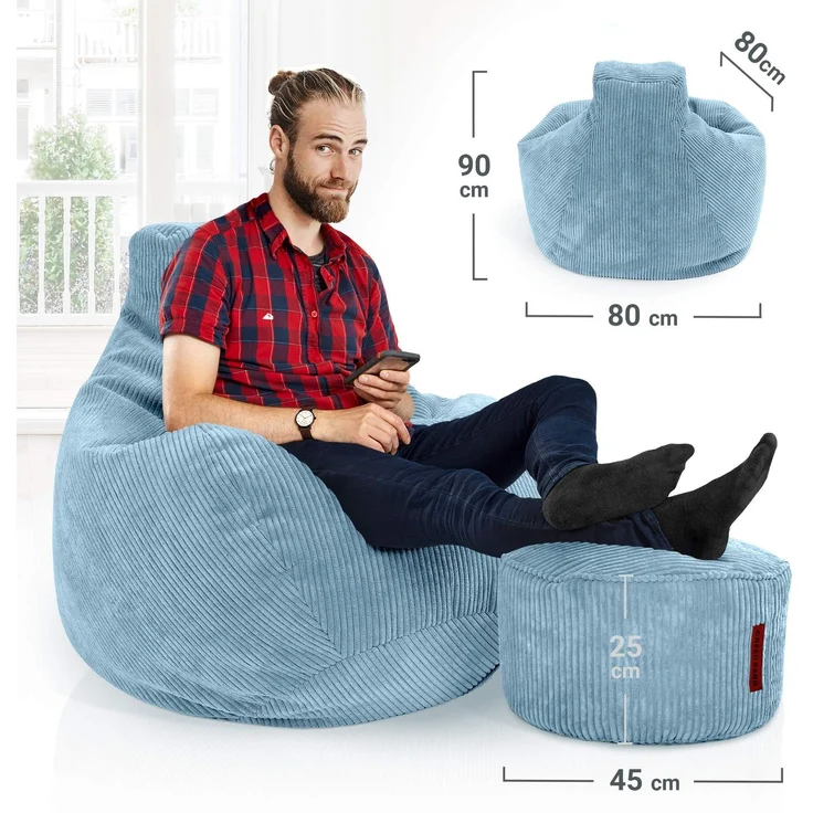 Green Bean® Sitzsack mit Hocker aus Cord - Sitzsäcke für das Wohnzimmer, Schlafzimmer, Sitzsack-Sessel für Erwachsene Hellblau – Bild 4