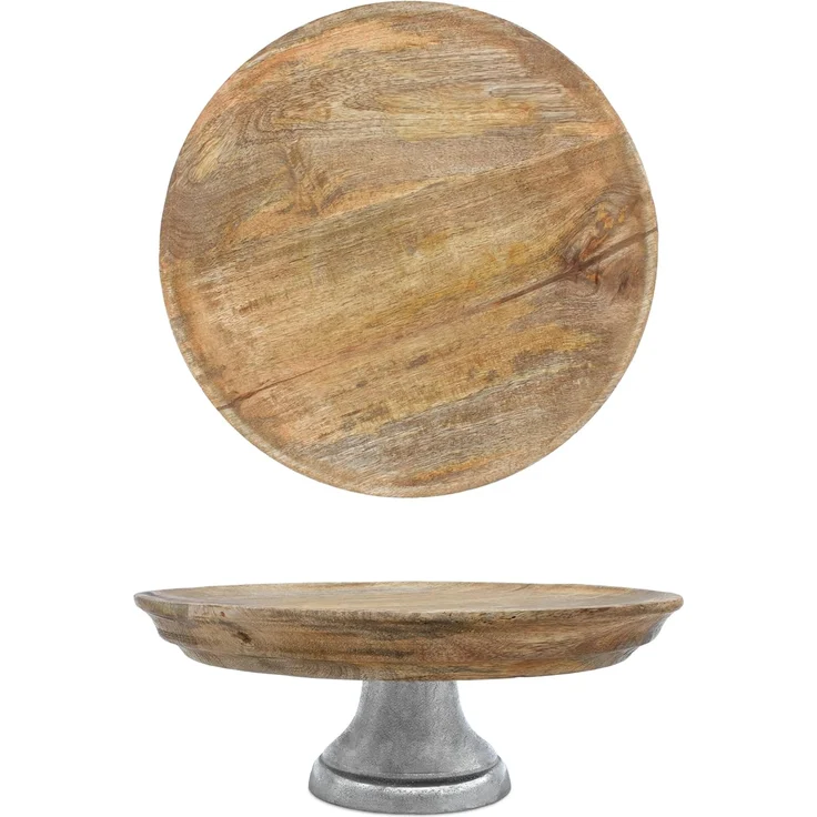 Spetebo Servierteller Mango Deko Teller mit Fuß aus Aluminium - Ø 30 cm, Holz, (Dekorativer Teller, 1-tlg, Inhalt), Holz Servierständer mit Metall Standfuß – Bild 3