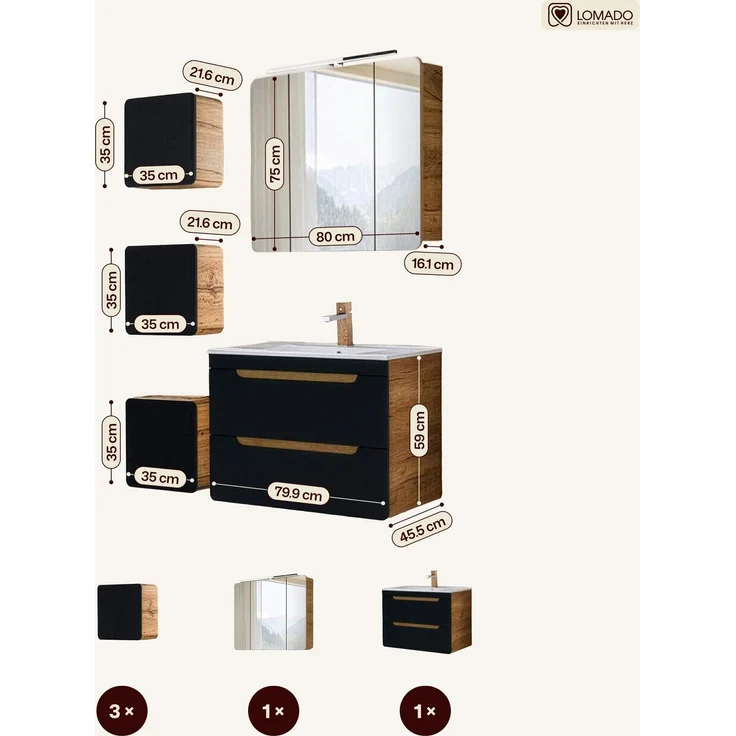 Badmöbel Set in seidenmatt anthrazit mit Wotan Eiche Nb. NEW-LUTON mit 81 cm Keramik-Waschtisch & LED-Spiegelschrank, B/H/T ca. 130/200/46 cm – Bild 3
