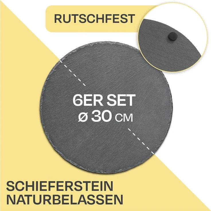 Praknu Servierplatte Schieferplatte Rund 30 cm, Schiefer, (Set, 6-tlg), Rutschfest – Bild 3