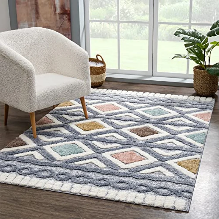 Teppich Wohnzimmer Hochflor - 80x150cm - Einfarbig - Pastell Multi - Boho - Modern Raute Ornamente - Skandinavisch Flauschig Weich - Schlafzimmer – Bild 11
