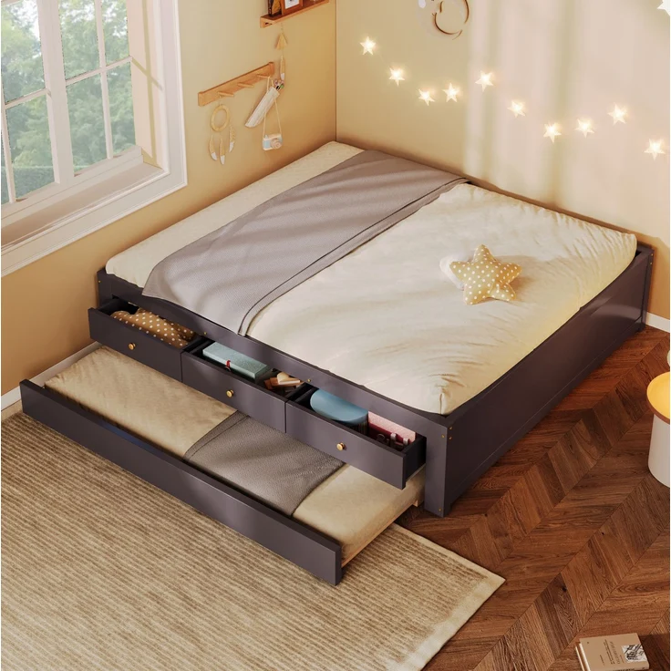 Holzbett 140x200 cm mit 3 Schubladen und ausziehbarem Gästebett – Kaffeebraun (ohne Matratze) – Bild 1