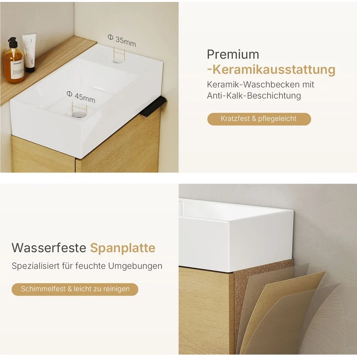 EMKE Badmöbel-Set mit Waschbecken 41.7×24×64.6cm Natur-Eiche – Bild 4
