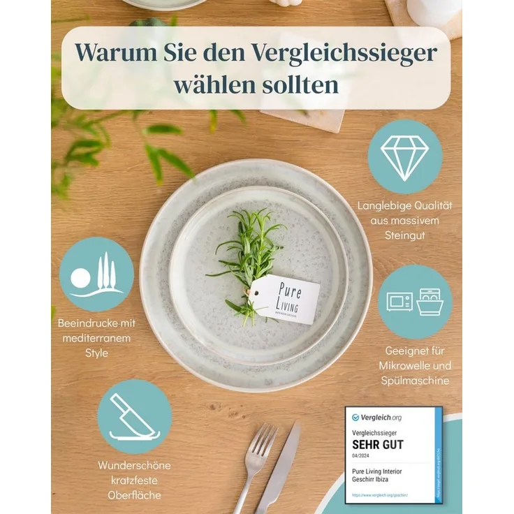 PURE LIVING INTERIOR DESIGN Geschirr-Set 6 Pers. - Steingut Geschirr Set - Schüssel- und Teller Set (24-tlg), 6 Personen, Steingut, Hochwertiges Mediterranes Kombiservice 6 Personen Geschirrsets