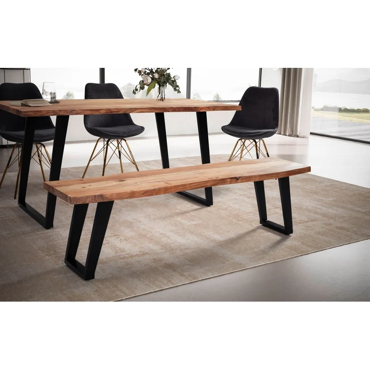 Esszimmerbank 140x40x45 cm Akazie Massivholz Metall Baumkante U-Beine Modern – Bild 3