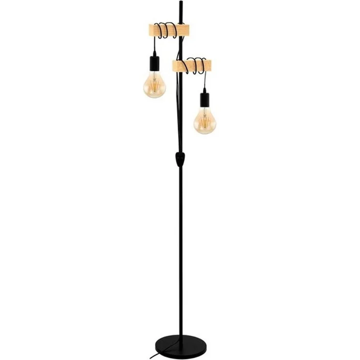 EGLO Stehlampe Townshend, 2-flammige Vintage Stehleuchte, Lampe mit Holzbalken, Retro Standleuchte aus Metall in Schwarz und Holz in Natur, FSC zertifiziert, E27 Fassung – Bild 4