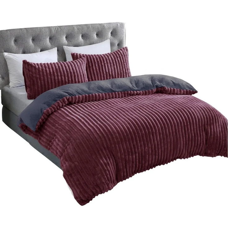 Plüsch Bettwäsche in Cord-Optik Wendebettwäsche mit Reißverschluss Anthrazit-Bordeaux 200x220 cm – Bild 1