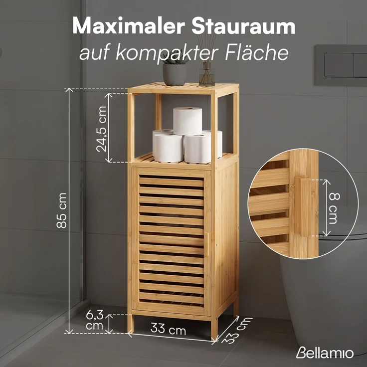 Bellamio 'Newa' Badezimmer Schrank, Bambus, natur, 85x33x33 cm, Badschrank mit 3 Ablagefächern – Bild 7