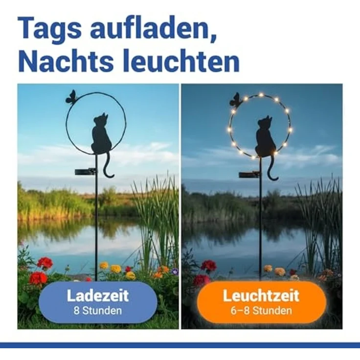 Maximex LED Gartenleuchte Modell Katze und Schmetterling, Ein-/Ausschalter, LED fest integriert, Warmweiß, solarbetriebener Gartenstecker, leuchtet bis zu 8 Stunden – Bild 2