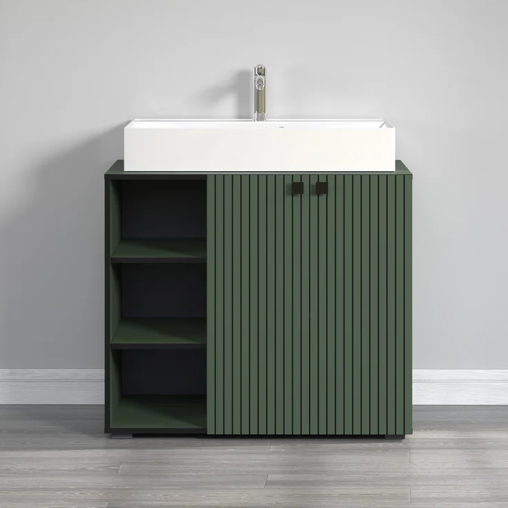 trendteam smart living - PureBliss - Waschbeckenunterschrank - Grün - Rillenoptik - 3 offene Fächer + 1 Einlegeboden + 80cm Aufsatzwaschbecken - (BxHxT) 90 x 91 x 53 cm - edle Metallgriffe – Bild 5