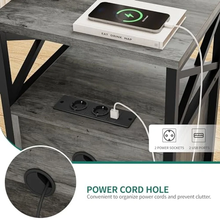 YITAHOME Beistelltisch, Nachtschrank mit Kabinett, X-förmiger Wohnzimmertisch mit Ladestation, 2 USB-Anschlüssen und Steckdosen, Nachtkonsole, Metallgestell, 40 x 35 x 60 cm, Grau – Bild 5