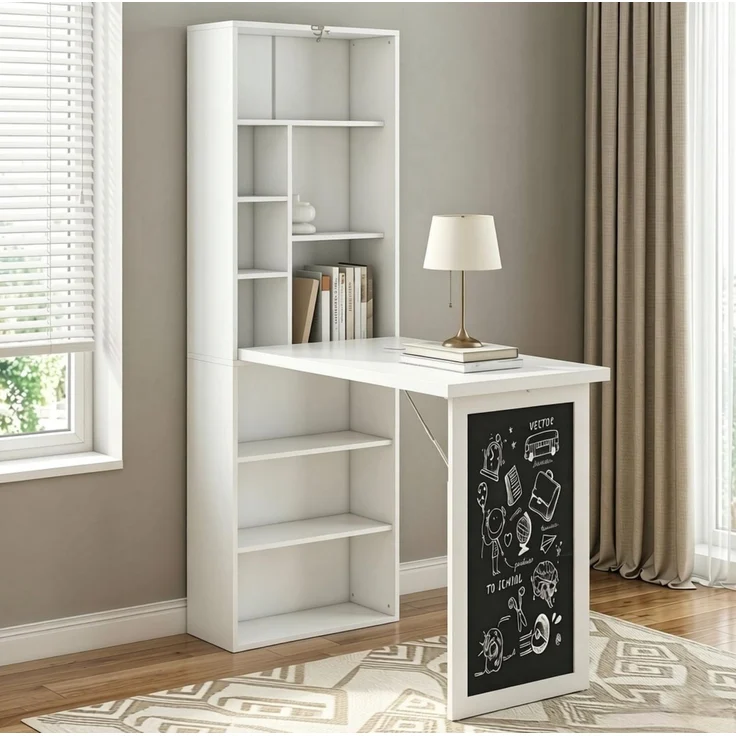 Schreibtisch aus MDF und Kiefernholz, klappbar mit Regal, 98x51x153 cm, Weiß/Schwarz – Bild 3