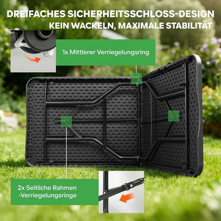 Eiryss Klappbarer Gartentisch 180x74cm, Outdoor Campingtisch für 8 Personen, schwarz mit Holzoptik-Kunststoffplatte, Metallrahmen, belastbar 150kg, 3 Sicherheitsverschlüsse, Buffetstisch für Garten, Balkon – Bild 4