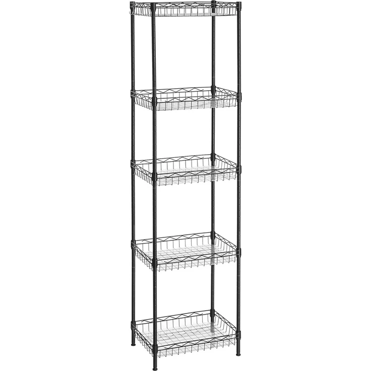Songmics Küchenregal mit 5 Ebenen, Metallregal, Standregal, höhenverstellbare Gitterablage, mit PP-Kunststoffplatten, 4 S-Haken, für Küche, Wohnzimmer, bis zu 100 kg belastbar, schwarz LGR105B01 – Bild 1