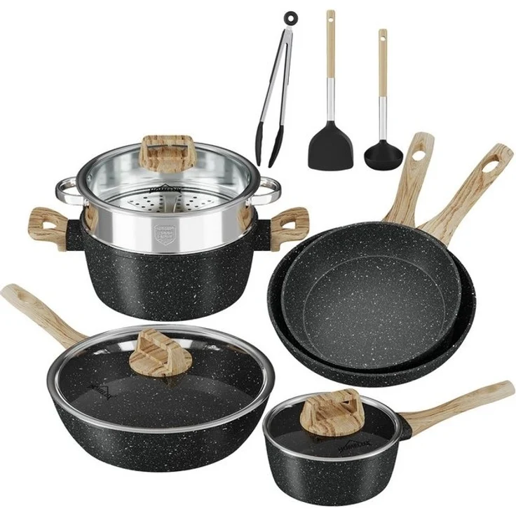 HOMELUX Topf-Set Kochgeschirr-Set, 12tlg Induktions Töpfe Set, Antihaftbeschichtung, Aluminium, Edelstahl (Pfanne 24/28cm, Tiefe Bratpfanne 28cm, Topf mit Dampfgarer 24cm, Milchtopf 16cm), Induktion – Bild 4