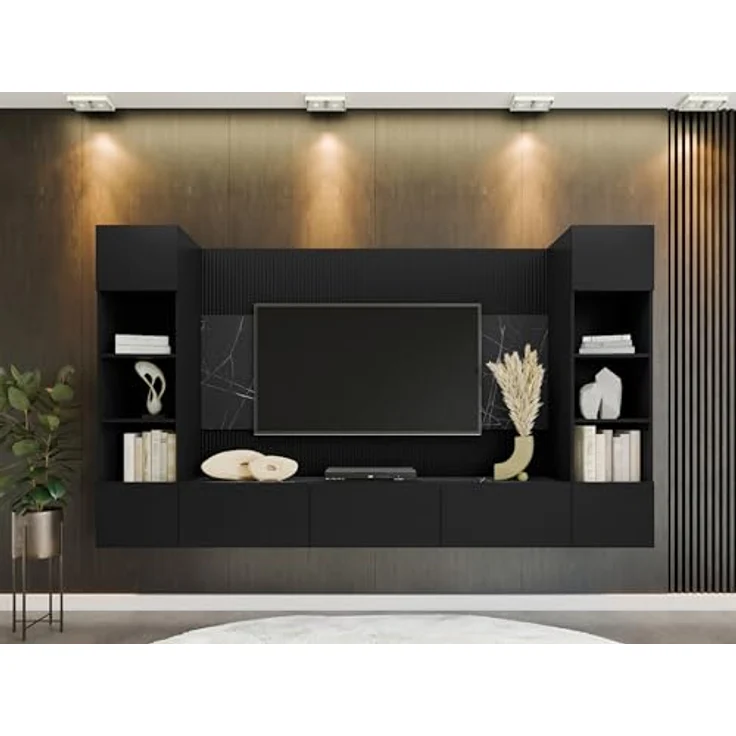 Mirjan24 Wohnwand, Schwarz, Holzwerkstoff in Marmor Optik, 260x150x38 cm, mit grifflosen System und Gasdruckfeder – Bild 4