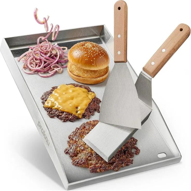 Praknu Grillplattenaufsatz Plancha Edelstahl 40x30cm – Teppanyaki, Fettablauf, 2 Grillspatel, Edelstahl, (Set mit Zubehör, Edelstahl-Plancha 40x30cm, 2 Spatel, Fettablauf, Gas-/Holzkohlegrill), Fettablauf, 4 mm Edelstahl, spülmaschinengeeignet, 2 Spate...