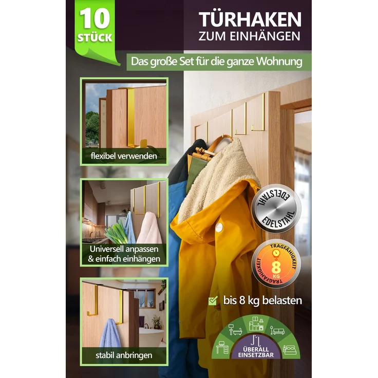 Aurelia Home Türhaken zum Einhängen, 10er-Set, Gold – ohne Bohren, bis 8 kg – Bild 2
