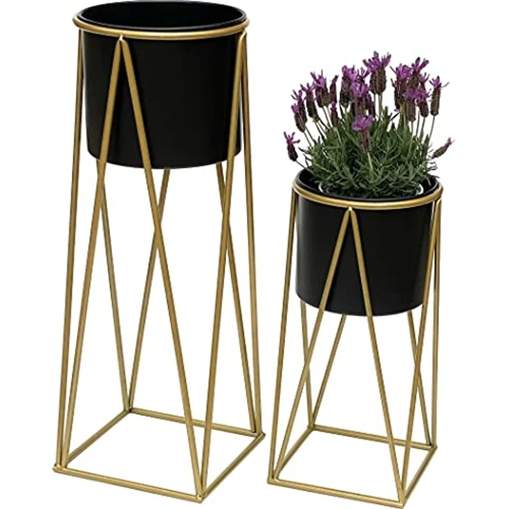 DanDiBo Blumenhocker mit Topf Metall Gold Schwarz 2er Set Blumenständer 96046 Blumensäule Modern Pflanzenständer Pflanzenhocker – Bild 3