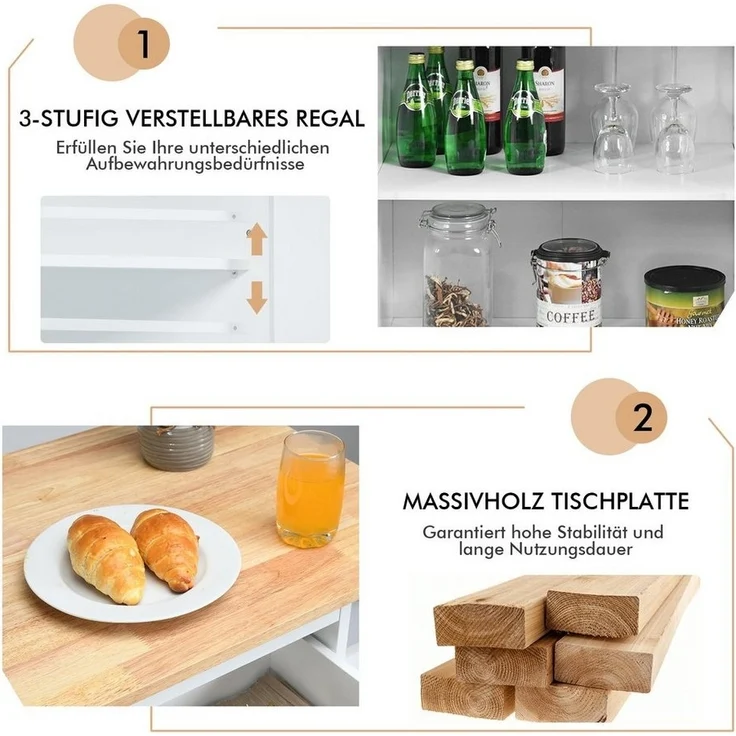 COSTWAY Küchenwagen, mit Arbeitsplatte, Schubladen & Gewürzregal, rollen – Bild 3