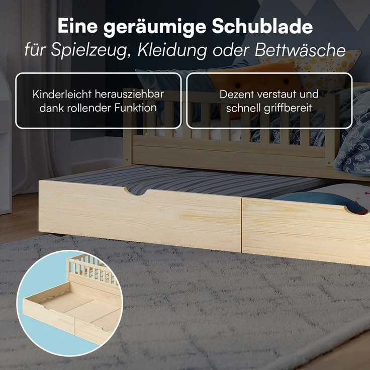 Bellabino 'Vils' Kinderbett 90x200 cm mit Matratze und großer Schublade, natur, Kiefer Massivholz, Montessori Bett mit Stauraum, mit abnehmbarem Rausfallschutz und Lattenrost – Bild 7