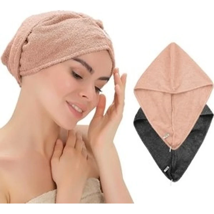 2er Set Haarturban mit Knopf aus 100% Baumwolle Haartrockentuch Anthrazit, Rosa – Bild 6