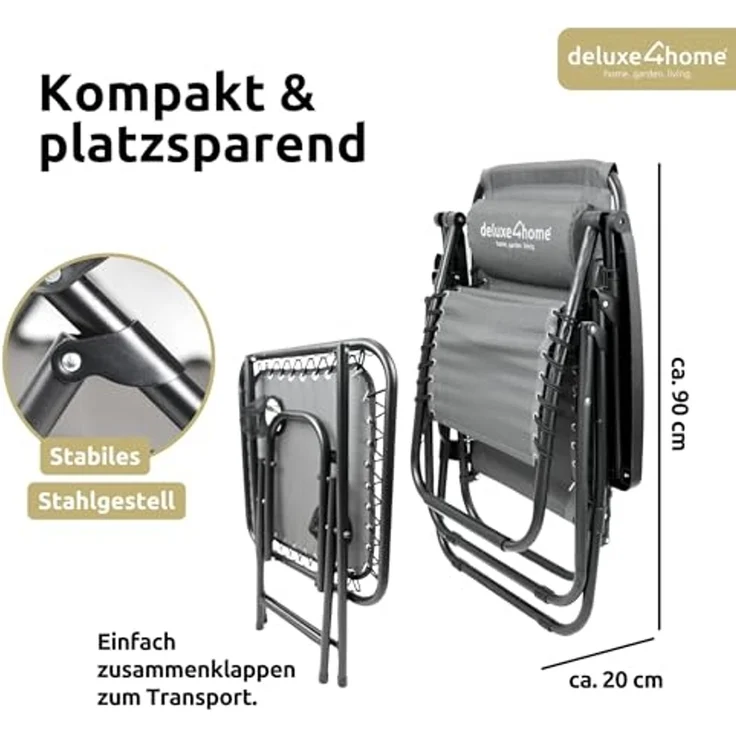 deluxe4home Gartenliege Liegestuhl Set mit Klapptisch I Gartenstuhl Klappbar I Liege Anthrazit, 3-teilig, Flexibles Gewebe – Bild 2