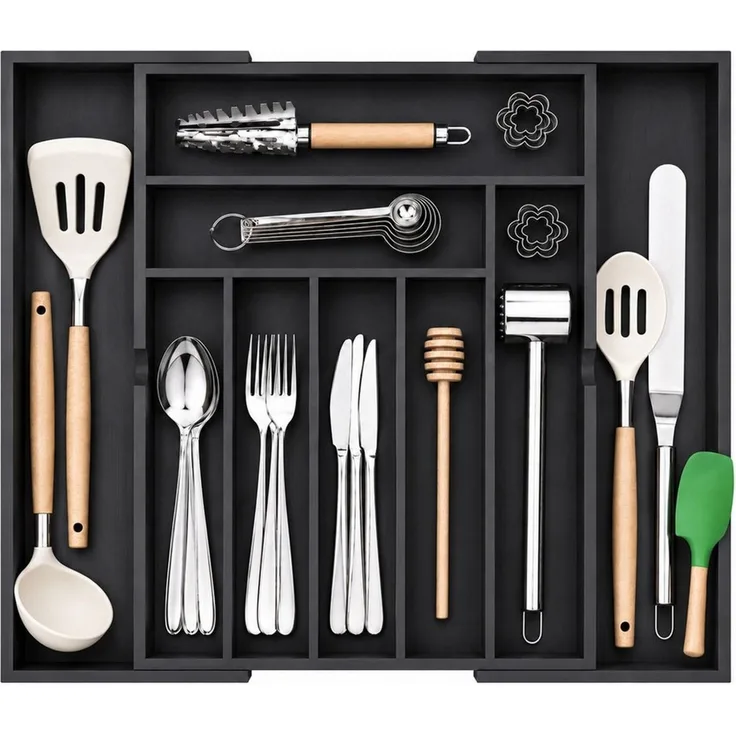 Refined Living Besteckeinsatz Ausziehbarer Besteckkasten Bambus Schubladen Organizer,Besteckeinsatz (Flexibler Besteckeinsatz, ausziehbar von 32 bis 53,5 cm, Besteckeinsatz Schubladen Organizer mit 7–9 Fächern, Besteckhalter, Küchen Organizer für, Schu...