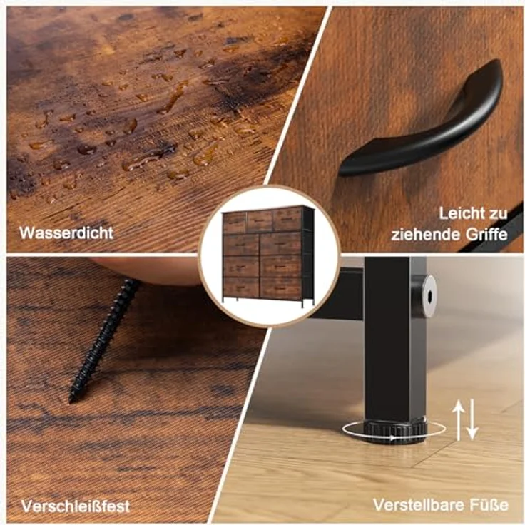 DUMOS Kommode mit Schubladen - Kommoden&Sideboards für Schlafzimmer Geeignet, Komodenschrank mit 9 Schubladen, Stoffkommode mit Stabilem Stahlrahmen, Ideal für Schlafzimmer, Wohnzimmer (Vintagebraun) – Bild 8