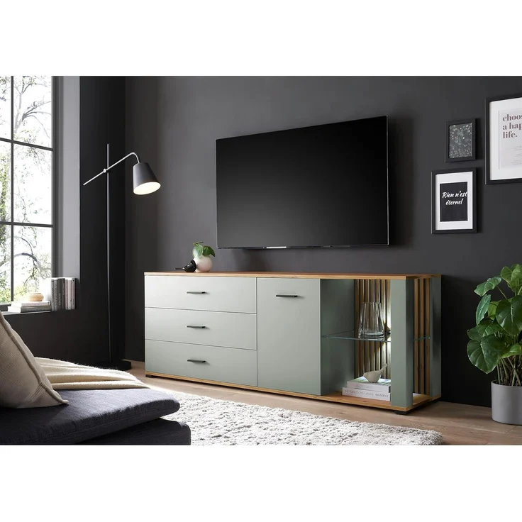 NARVA TV-Lowboard mit LED-Beleuchtung in Salbei, Evoke Eiche Optik - TV Schrank mit viel Stauraum für Ihr Wohnzimmer - 179 x 67 x 44 cm (B/H/T) – Bild 2