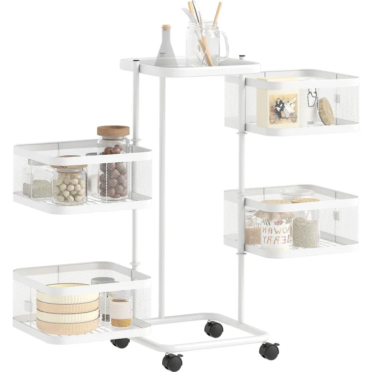 Wohnora-4er-Pack drehbare Körbe auf Rollen, Gemüse- und Obstwagen, Tablett, Drahtregal, 33 x 33 x 77 cm, weiß,H 770cm x T 330cm x B 330cm