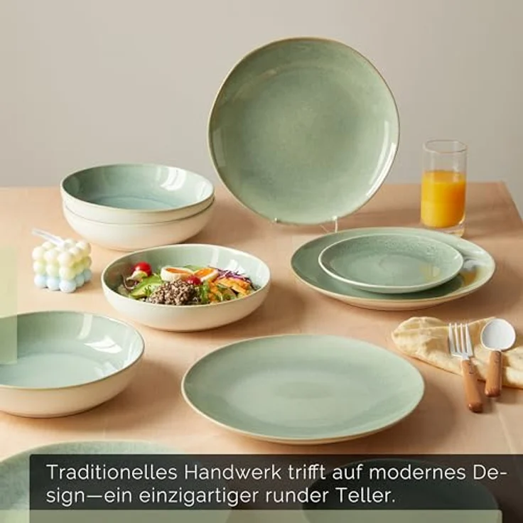 JIWOO Geschirr-Set 16er Kombiservice Teller-Set Tafelservice Schüssel-Set Speiseteller (16-tlg), 4 Personen, Keramik, Hochwertiges Geschirr set Grün Mikrowellen spülmaschinenfest – Bild 9
