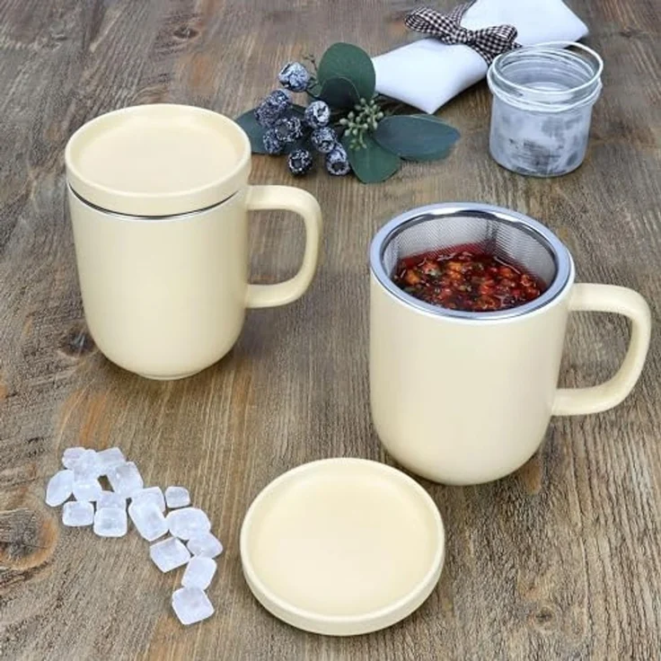 Ritzenhoff & Breker Becher Ritzenhoff 2x Jasper Vanille Teebecher mit Teesieb & Deckel 300ml, Steingut – Bild 3