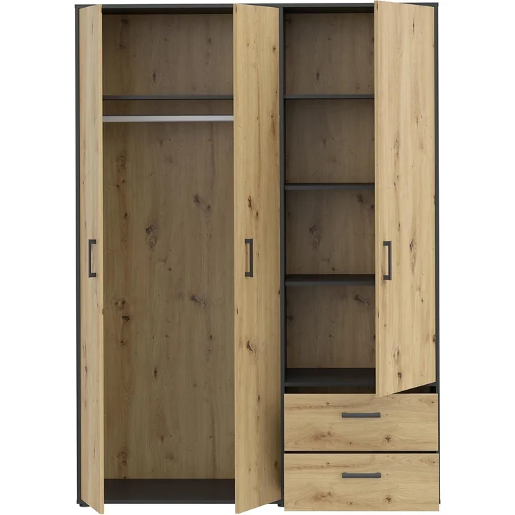 Forte MONISSA Kleiderschrank 140 150, moderner Drehtürenschrank, 3-türig, 2 Schubladen, Holzwerkstoff, Artisan Eiche Holzdekor|Schwarz, 144,4 cm breit x 200,1 cm hoch x 59 cm tief – Bild 5