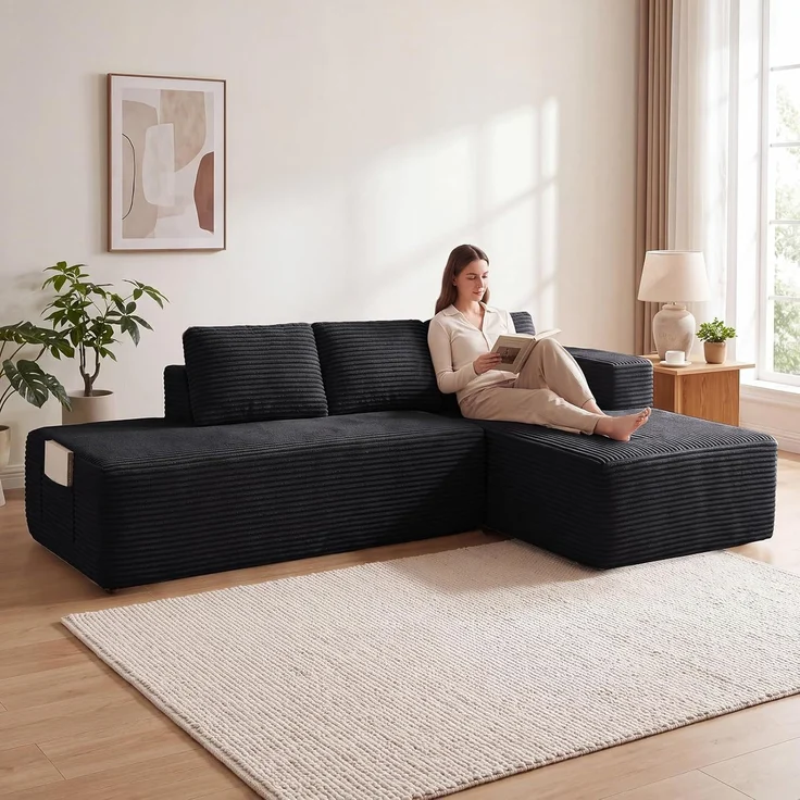 COMHOMA Ecksofa mit Schlaffunktion, 228cm Corduroy Modulares Boneless Couch mit Chaiselongue & Rücken-Metallgestell, L-Form Schlafsofa mit offenem Design, Kissen & Seitentaschen,für Wohnzimmer,Schwarz-L – Bild 4