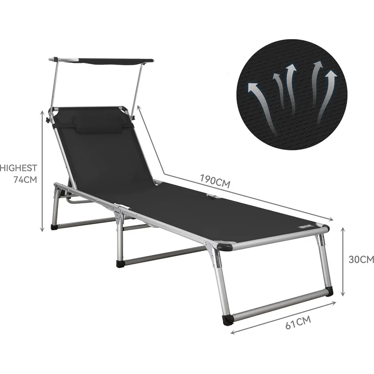 HOMECALL Gartenliege Leicht Sonnenliege Klappbar Alu Liegestuhl Strandliege, 1-tlg, 5 fach Verstellbare Rückenlehne, Sonnenschutzdach, bis 136KG – Bild 3