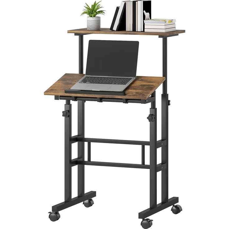 MELAYR, Sitz-Steh-Schreibtisch, höhenverstellbarer Schreibtisch 60 x 60 cm mit Rollen, Rustikales Braun – Bild 2