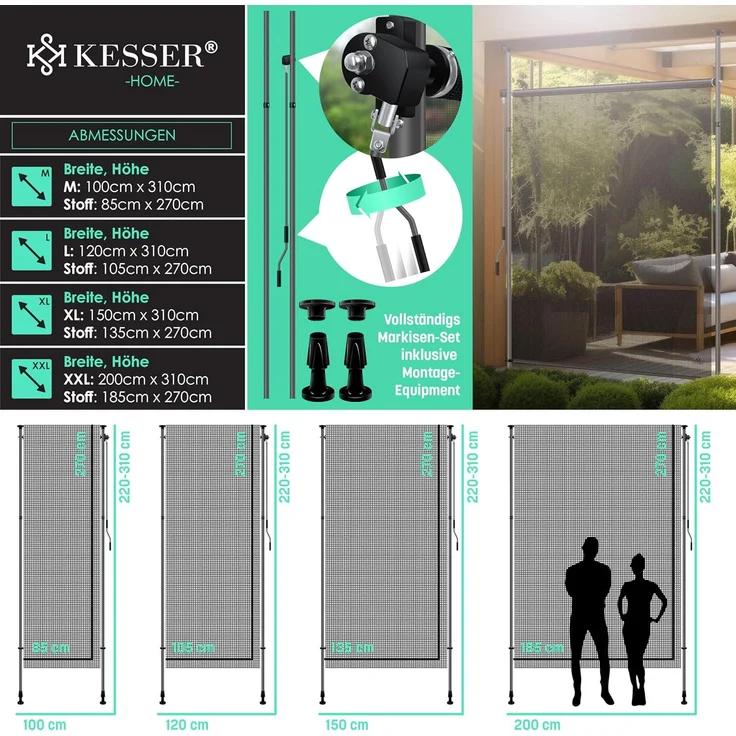 KESSER® Klemmmarkise Senkrechtmarkise außen Ausziehbar & Blickdicht | Vertikalmarkise mit Handkurbel ohne Bohren | Balkon-Sichtschutz & Windschutz für Garten & Terrasse Wasserfest 120 x 310 cm, Transparent / Anthrazit – Bild 7