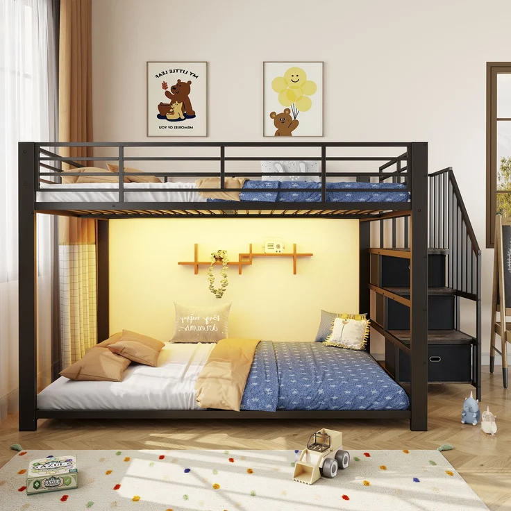 Rayofly-Metall Etagenbett H200cm x T140cm x B140cm, für Erwachsene, Treppe, Stauraum, LED-Lichtband, Steckdose, Treppe links/rechts montierbar, Schwarz – Bild 2