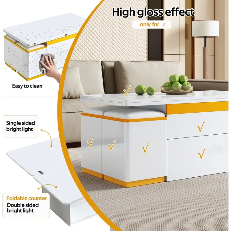EINHOM Moderner Weiß Hochglanz-Couchtisch, Stilvoller Beistelltisch, Multifunktionaler, Höhenverstellbarer Couchtisch, Klappbarer Esstisch/Wohnzimmermöbel, 100 x 50 x 43 cm (L x B x H) – Bild 6