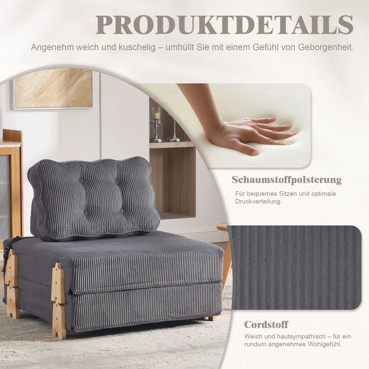1-Sitzer Schlafsessel 90 x 86 x 84 cm aus Cord mit Schlaffunktion – Bild 9
