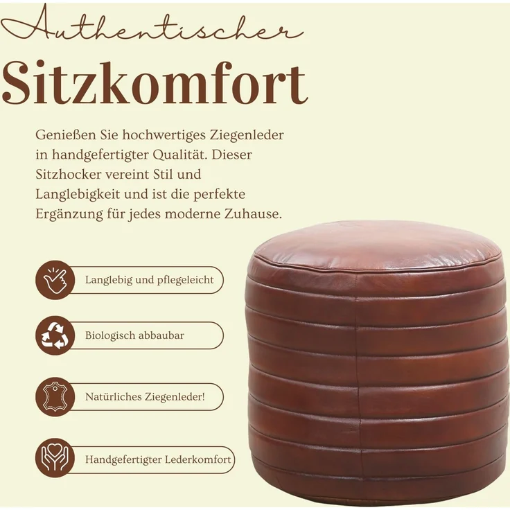 Marrakesch Orient & Mediterran Interior Pouf Vintage Pouf Sitzkissen aus Leder Janeiro rund, Handarbeit – Bild 6