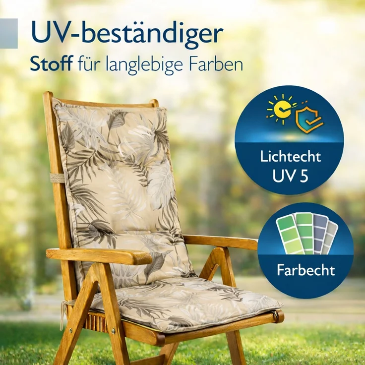 BURI 4x Hochlehner Auflage 117x49x6 cm - wetterfeste Gartenstuhlauflage mit Schaumkern & Vollvlies, Halteband & Bindebänder, bequemes Stuhlpolster für Balkon, Terrasse & Garten (Beige-Blätter) – Bild 5